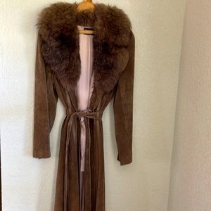 SUEDE CHOCOLATE BROWN LONG COAT w/FUR along the COLLAR